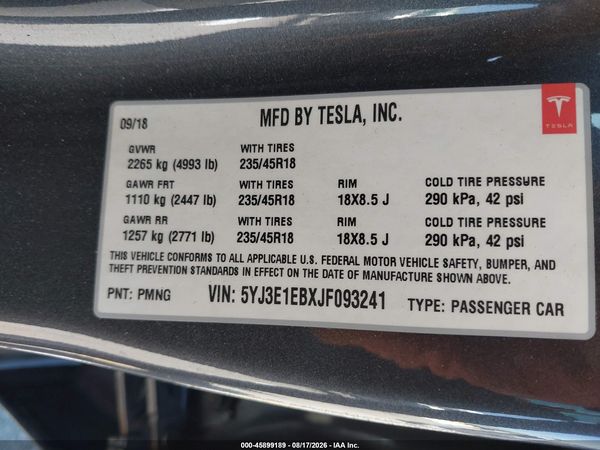 2018 TESLA MODEL 3 LONG RANGE/PERFORMANCE