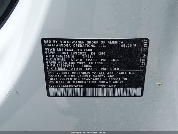 2019 VOLKSWAGEN ATLAS 2.0T SE — I9