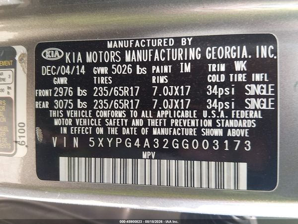 2016 KIA SORENTO 2.4L LX