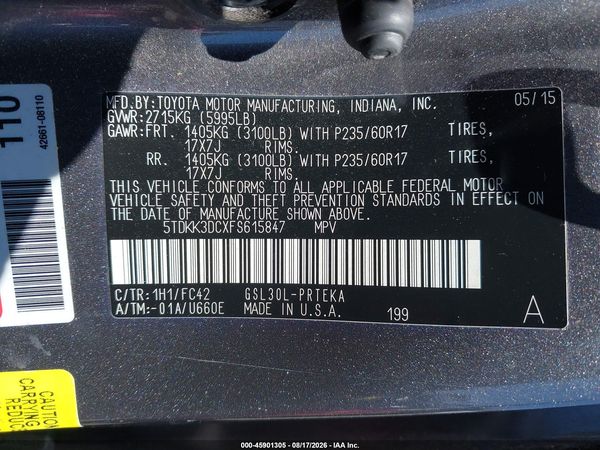 2015 TOYOTA SIENNA LE 8 PASSENGER