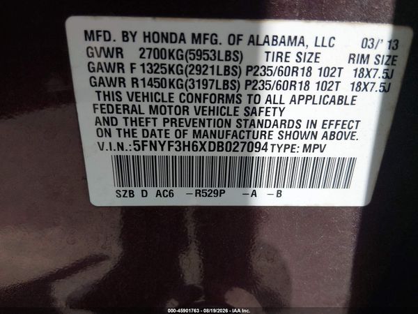 2013 HONDA PILOT EX-L — I9