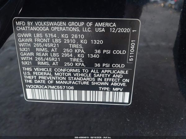 2021 VOLKSWAGEN ATLAS 3.6L V6 SEL R-LINE — I9