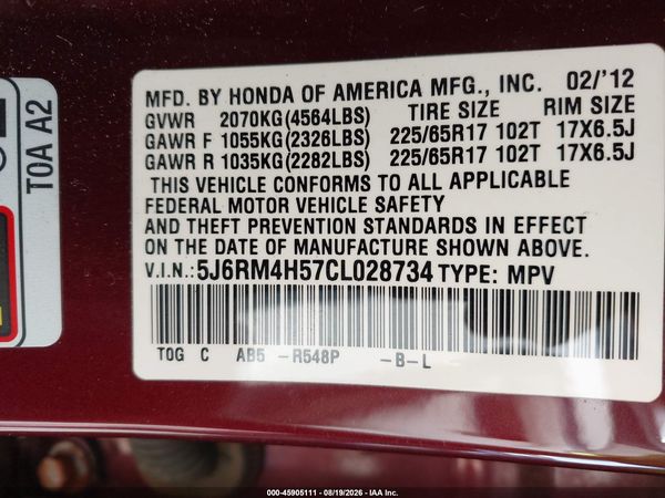 2012 HONDA CR-V EX — I9