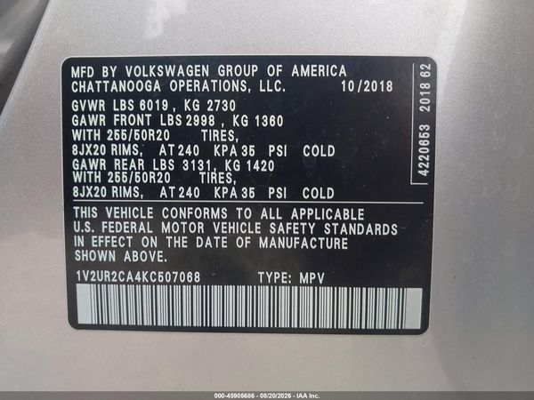2019 VOLKSWAGEN ATLAS 3.6L V6 SE W/TECHNOLOGY — I9