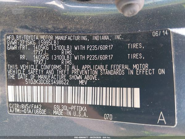 2014 TOYOTA SIENNA L V6 7 PASSENGER