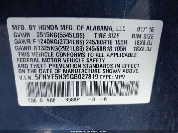2016 HONDA PILOT EX