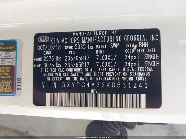 2019 KIA SORENTO 2.4L LX