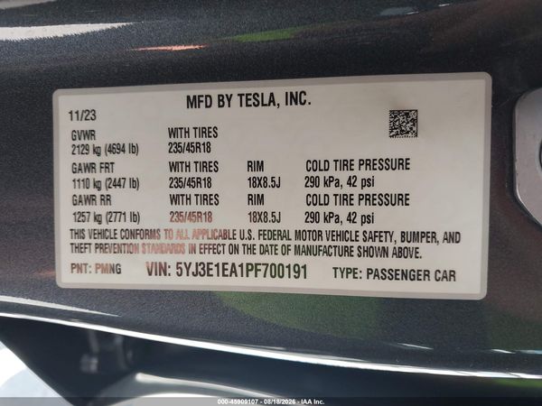 2023 TESLA MODEL 3 REAR-WHEEL DRIVE — I9