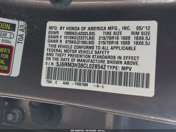 2012 HONDA CR-V LX — I9