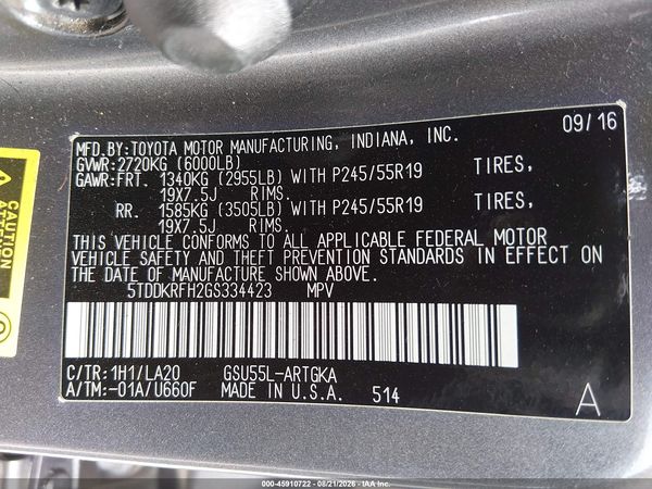 2016 TOYOTA HIGHLANDER LIMITED V6