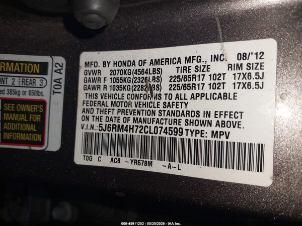 2012 HONDA CR-V EX-L — I9