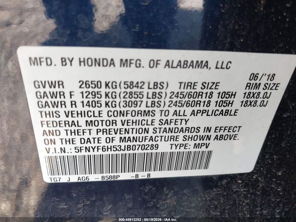 2018 HONDA PILOT EX-L — I9