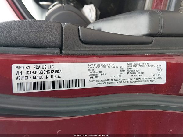 2022 JEEP GRAND CHEROKEE WK LIMITED 4X4 — I9