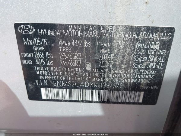 2019 HYUNDAI SANTA FE SE — I9