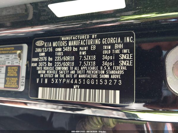 2016 KIA SORENTO 3.3L EX