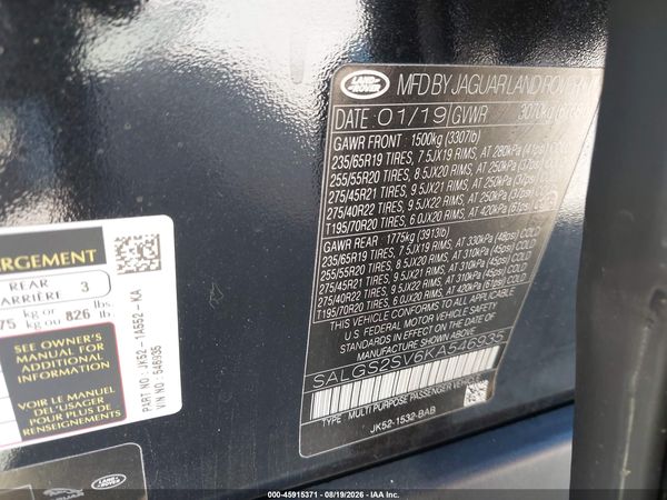 2019 LAND ROVER RANGE ROVER 3.0L V6 SUPERCHARGED HSE