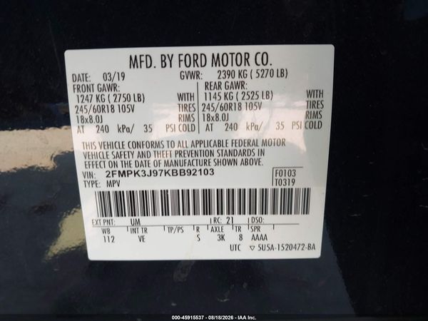 2019 FORD EDGE SEL — I9