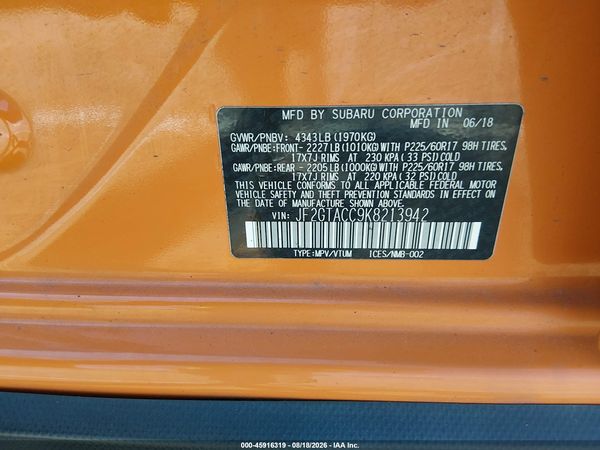 2019 SUBARU CROSSTREK 2.0I PREMIUM — I9