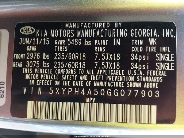 2016 KIA SORENTO 3.3L EX