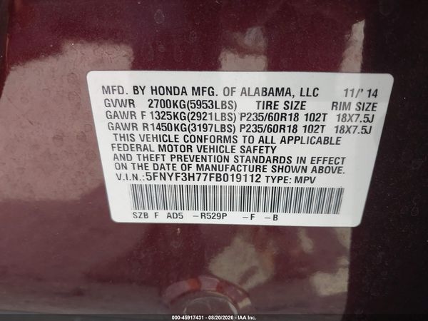 2015 HONDA PILOT EX-L — I9