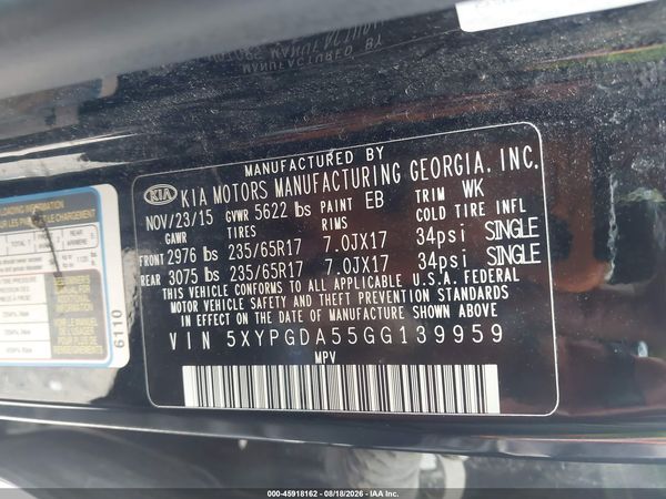 2016 KIA SORENTO 3.3L LX