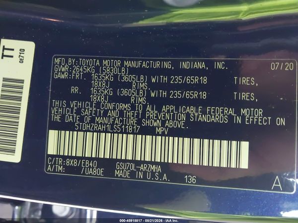 2020 TOYOTA HIGHLANDER XLE — I9