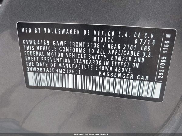 2017 VOLKSWAGEN JETTA 1.4T S — I9