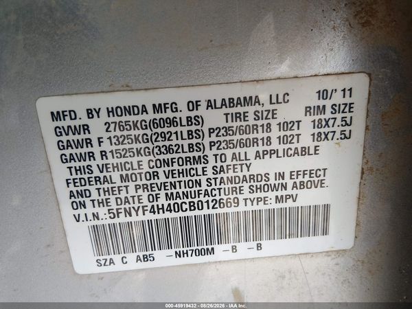 2012 HONDA PILOT EX — I9