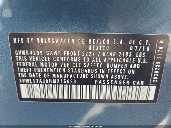 2017 VOLKSWAGEN JETTA 1.8T SEL — I9