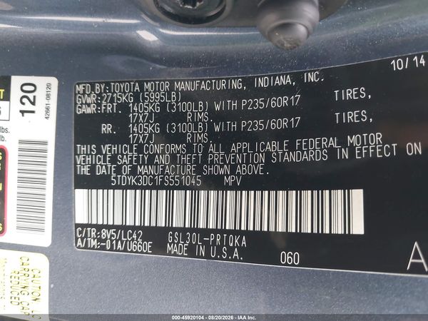 2015 TOYOTA SIENNA XLE/LIMITED