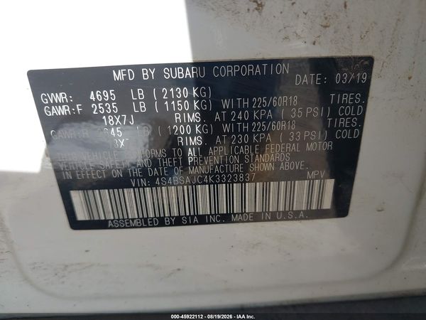 2019 SUBARU OUTBACK 2.5I LIMITED — I9