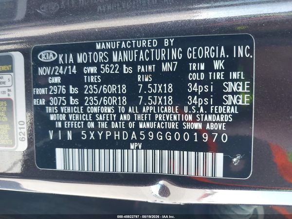 2016 KIA SORENTO 3.3L EX