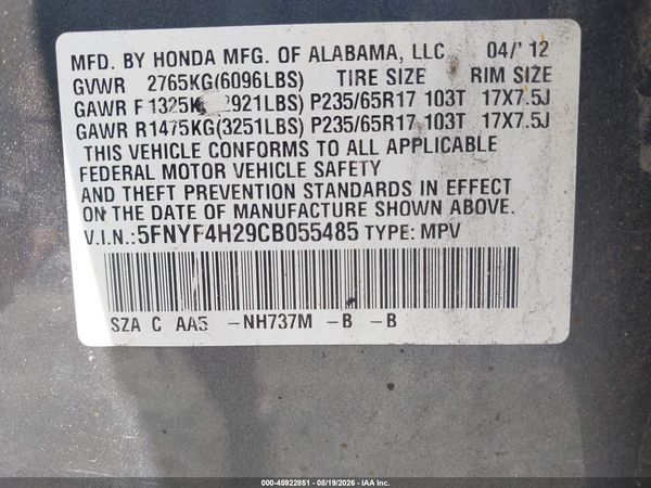 2012 HONDA PILOT LX
