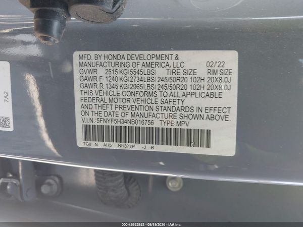 2022 HONDA PILOT 2WD SPORT — I9