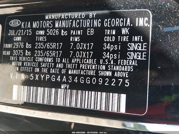 2016 KIA SORENTO 2.4L LX