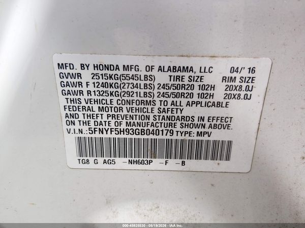 2016 HONDA PILOT TOURING — I9