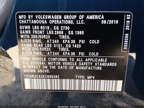 2019 VOLKSWAGEN ATLAS 3.6L V6 SE W/TECHNOLOGY — I9