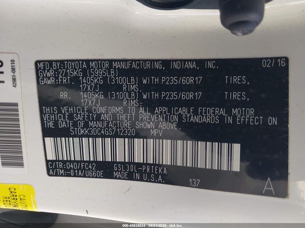 2016 TOYOTA SIENNA LE 8 PASSENGER