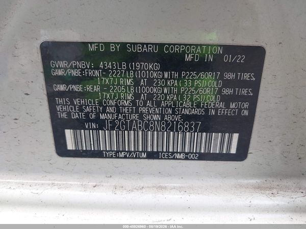 2022 SUBARU CROSSTREK Base — I9