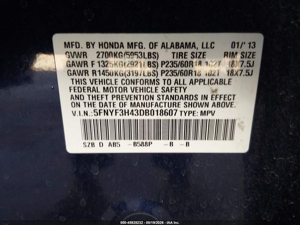 2013 HONDA PILOT EX — I9