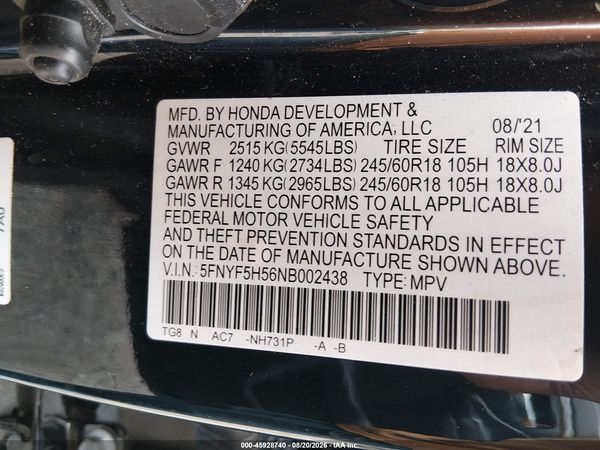 2022 HONDA PILOT 2WD EX-L — I9
