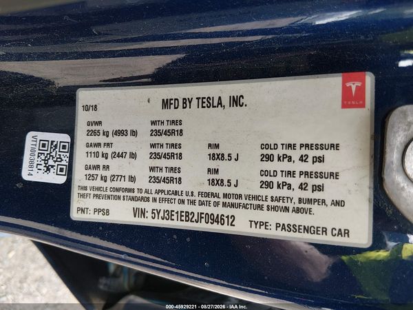 2018 TESLA MODEL 3 LONG RANGE/PERFORMANCE — I9