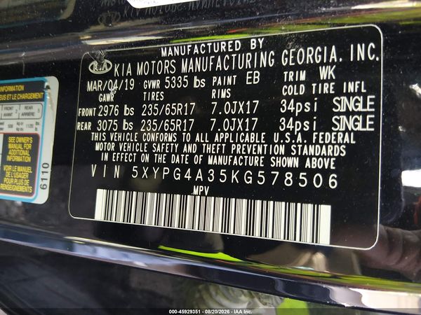 2019 KIA SORENTO 2.4L L — I9