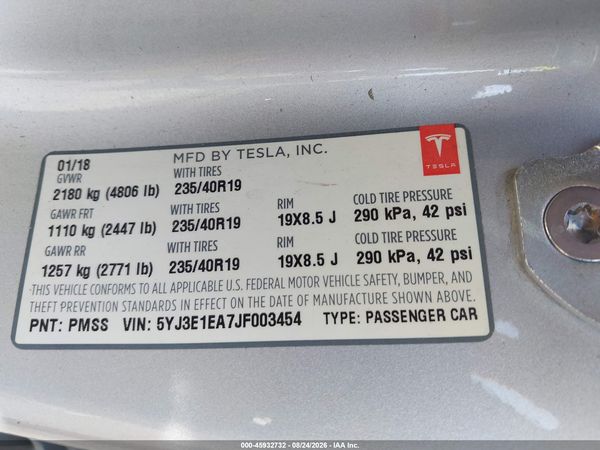 2018 TESLA MODEL 3 LONG RANGE/MID RANGE