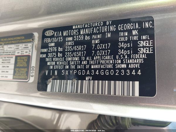 2016 KIA SORENTO 2.4L LX