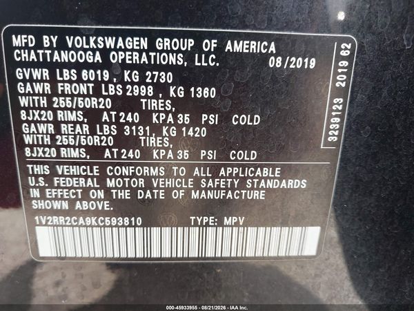 2019 VOLKSWAGEN ATLAS 3.6L V6 SEL R-LINE — I9