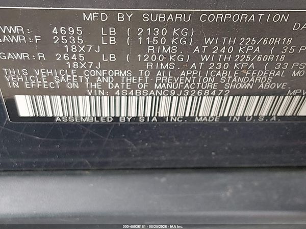 2018 SUBARU OUTBACK 2.5I LIMITED — I9