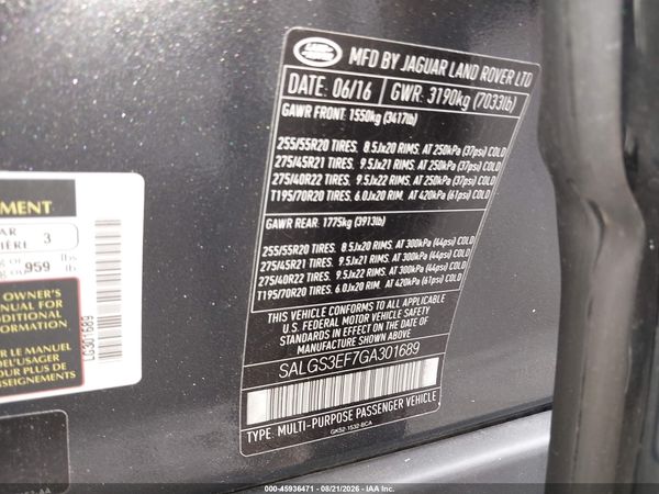 2016 LAND ROVER RANGE ROVER 5.0L V8 SUPERCHARGED