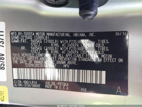 2014 TOYOTA SIENNA XLE V6 8 PASSENGER
