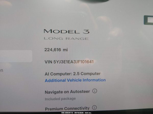 2018 TESLA MODEL 3 LONG RANGE/MID RANGE